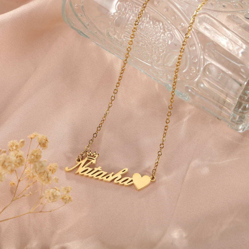 Custom Name Necklace with Crown & Heart