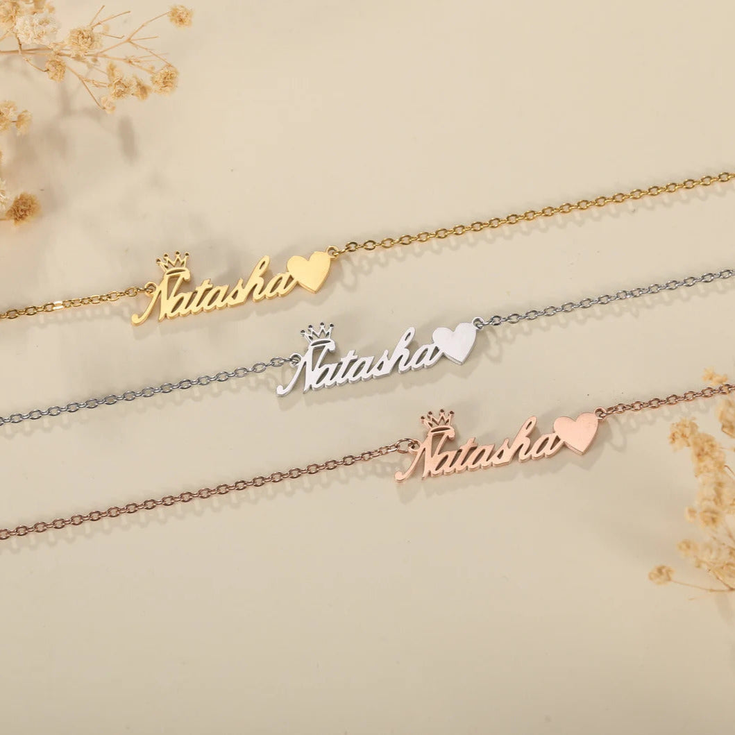 Custom Name Necklace with Crown & Heart