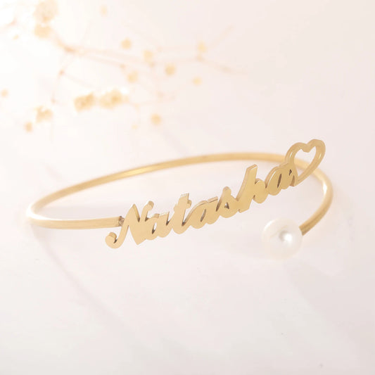 Custom Name Bracelet with Heart & Pearl