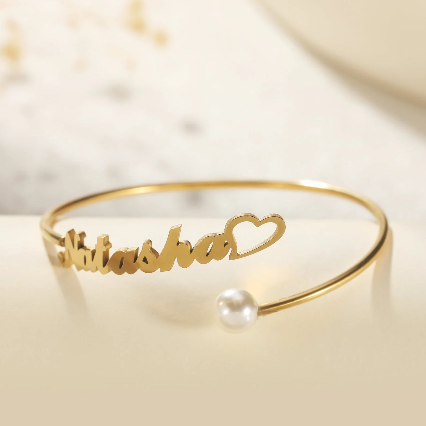 Custom Name Bracelet with Heart & Pearl